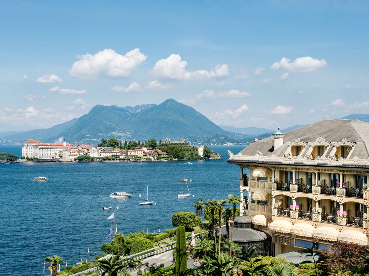 View of Hotel Villa e Palazzo Aminta on Lake Maggiore with the Borromean Islands behind